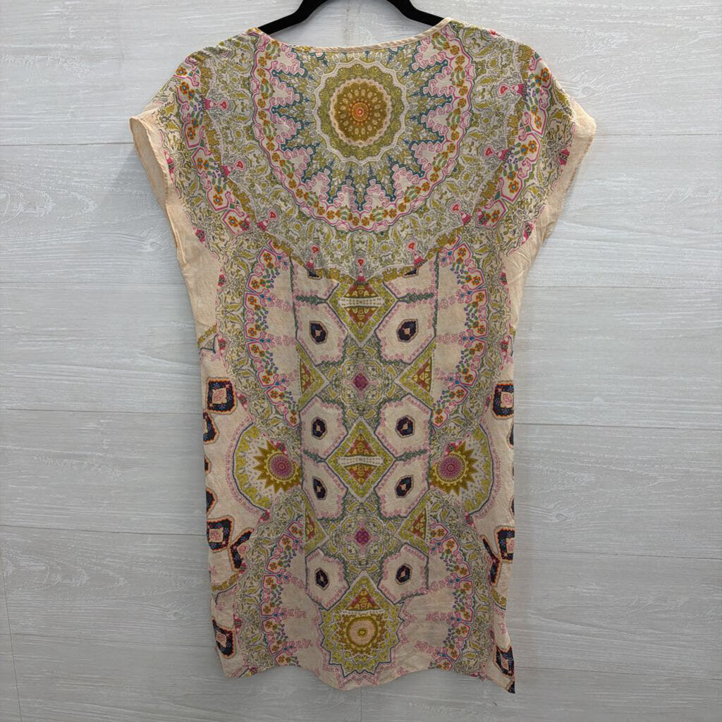 Maeve Pink/ Multi Print 100% Silk Short Sleeve Shift Dress XXS Petite
