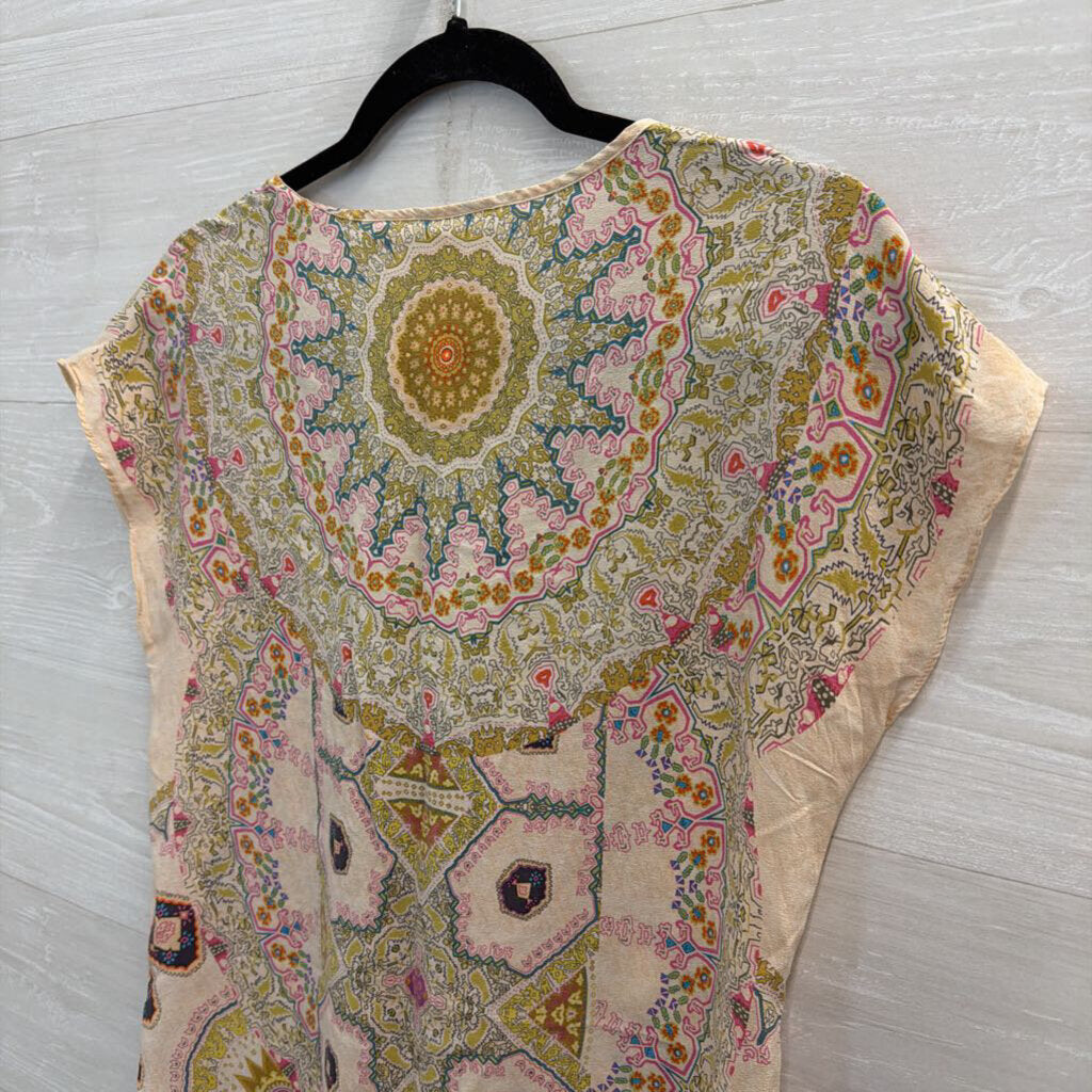 Maeve Pink/ Multi Print 100% Silk Short Sleeve Shift Dress XXS Petite