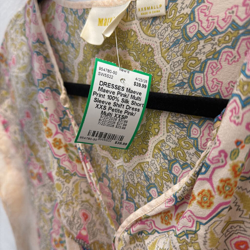 Maeve Pink/ Multi Print 100% Silk Short Sleeve Shift Dress XXS Petite