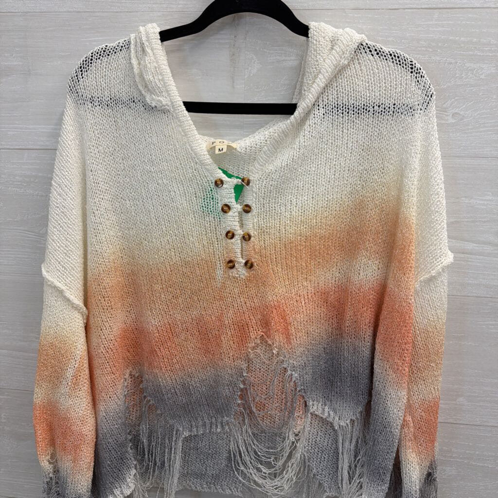 POL White/ Orange/ Grey Ombre Distressed Knit Hooded Long Sleeve Top Medium