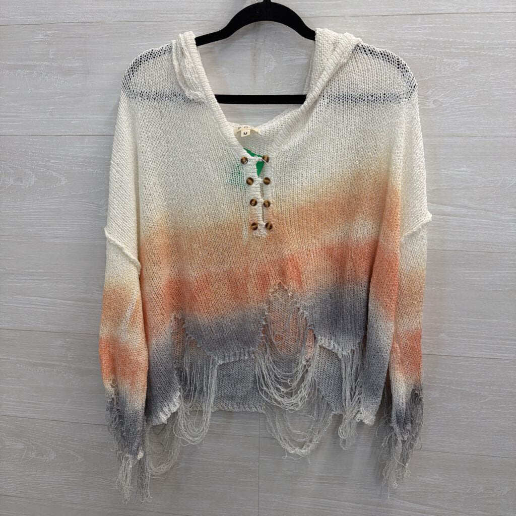 POL White/ Orange/ Grey Ombre Distressed Knit Hooded Long Sleeve Top Medium