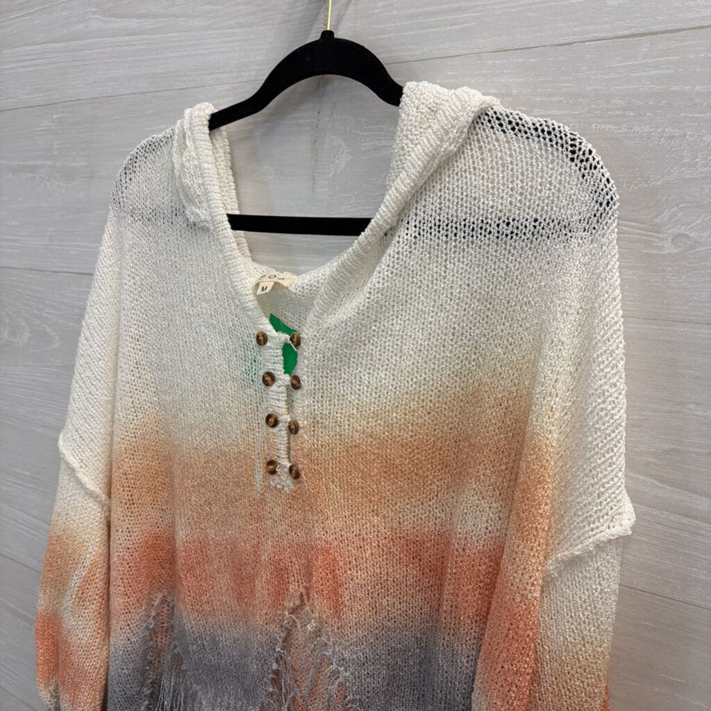 POL White/ Orange/ Grey Ombre Distressed Knit Hooded Long Sleeve Top Medium