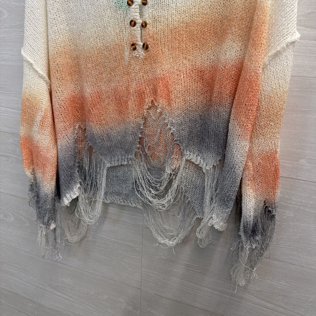 POL White/ Orange/ Grey Ombre Distressed Knit Hooded Long Sleeve Top Medium