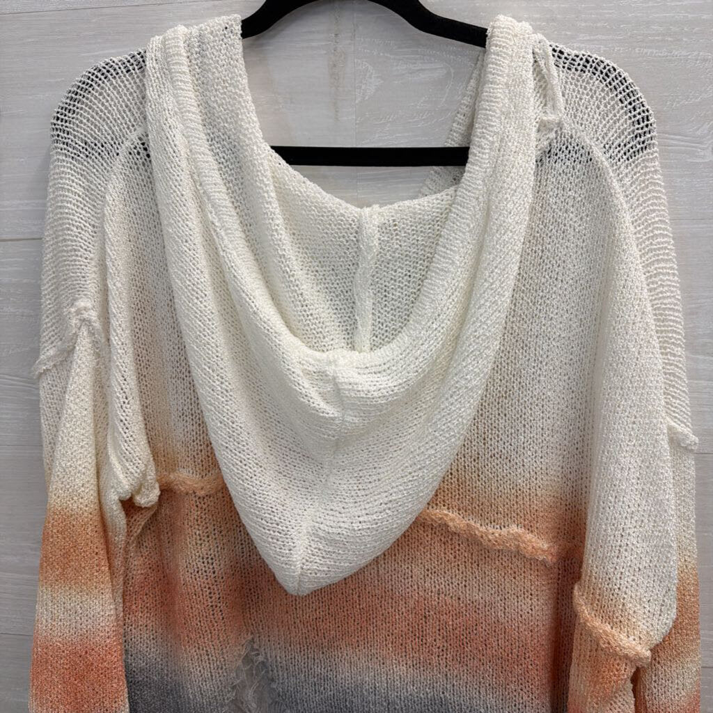 POL White/ Orange/ Grey Ombre Distressed Knit Hooded Long Sleeve Top Medium