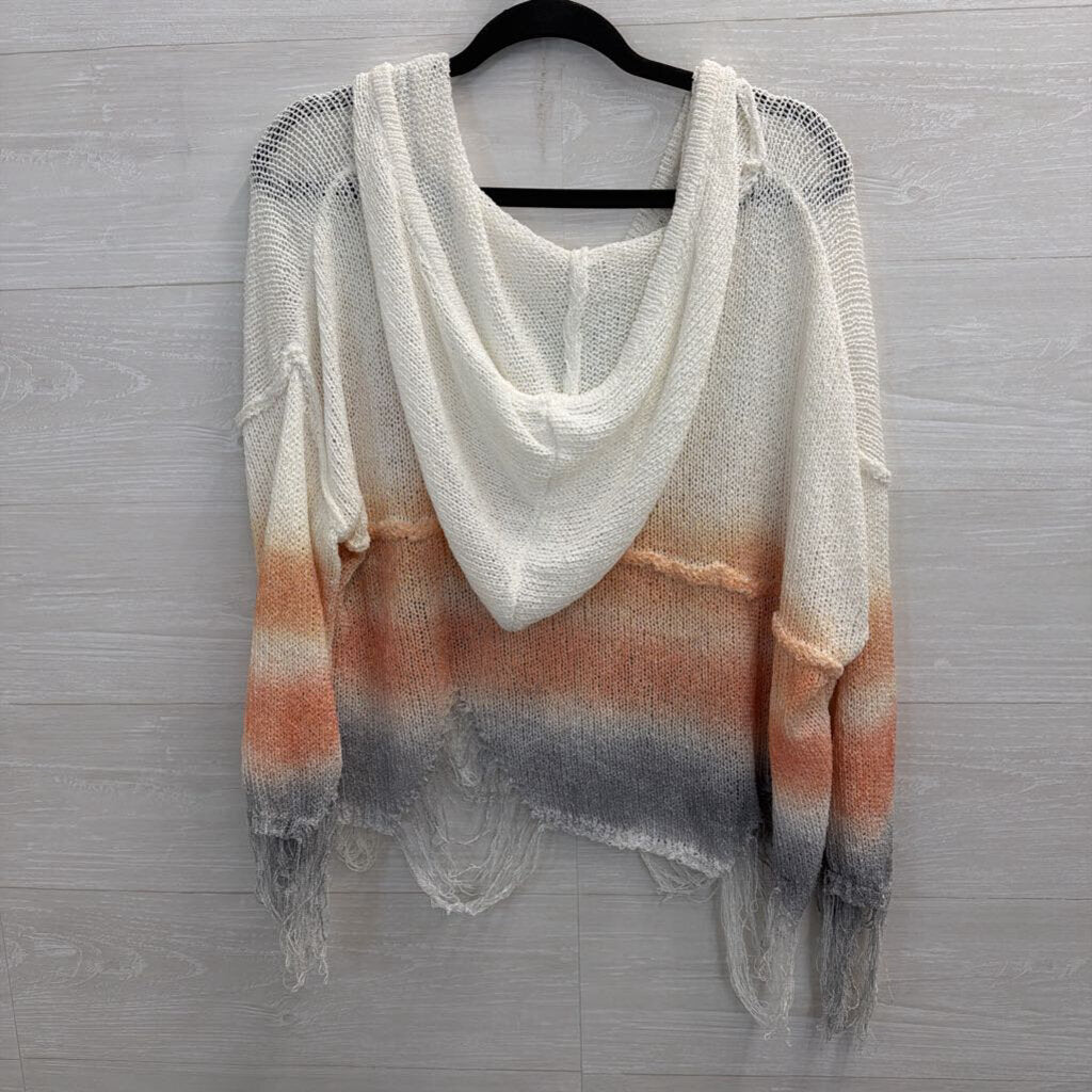 POL White/ Orange/ Grey Ombre Distressed Knit Hooded Long Sleeve Top Medium