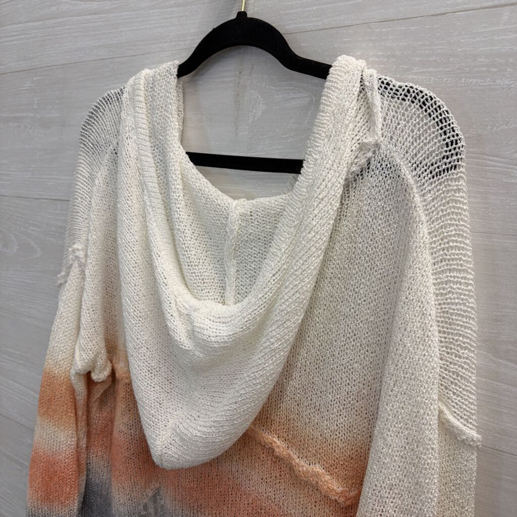 POL White/ Orange/ Grey Ombre Distressed Knit Hooded Long Sleeve Top Medium