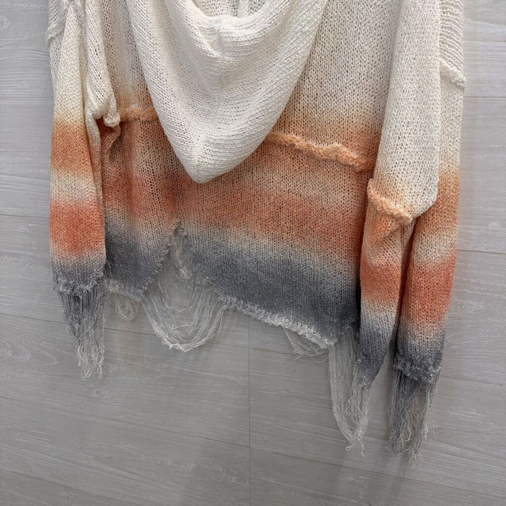 POL White/ Orange/ Grey Ombre Distressed Knit Hooded Long Sleeve Top Medium