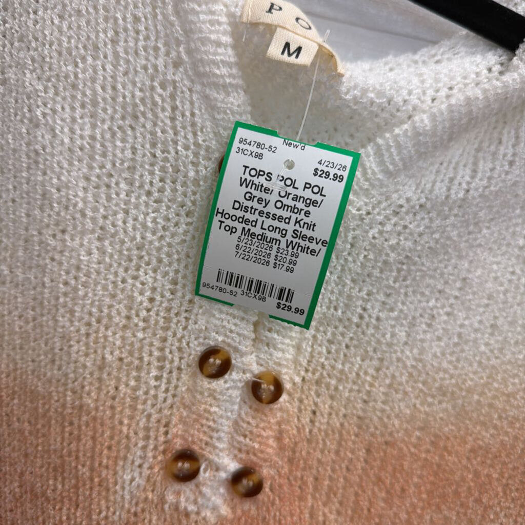 POL White/ Orange/ Grey Ombre Distressed Knit Hooded Long Sleeve Top Medium