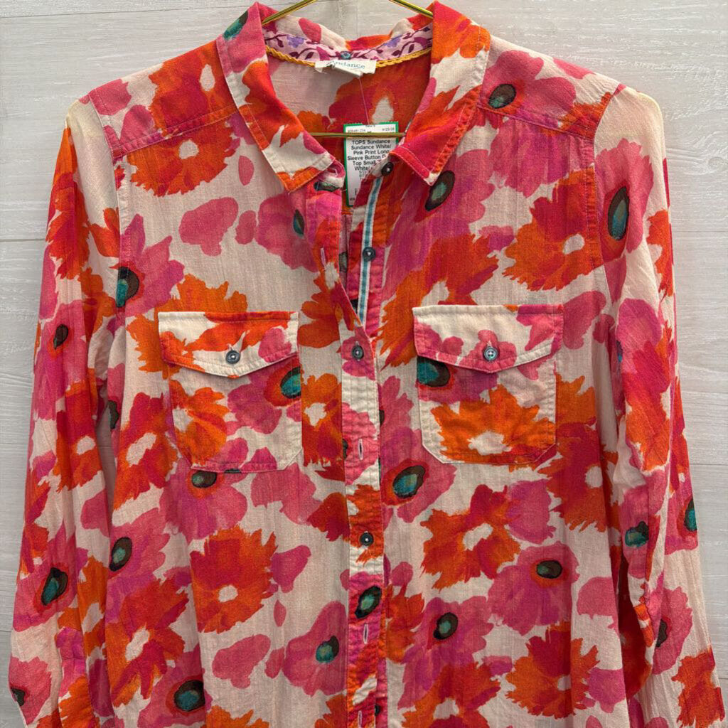 Sundance White/ Pink Print Long Sleeve Button Down Top Small Petite