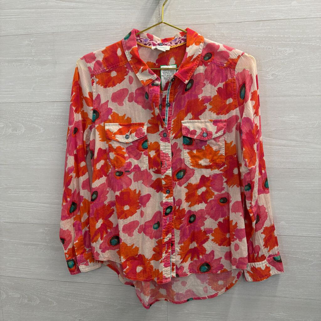 Sundance White/ Pink Print Long Sleeve Button Down Top Small Petite