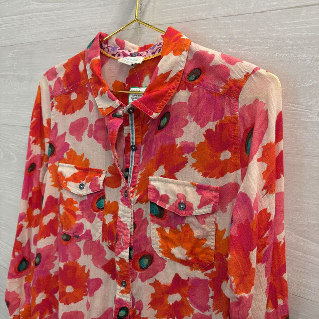 Sundance White/ Pink Print Long Sleeve Button Down Top Small Petite