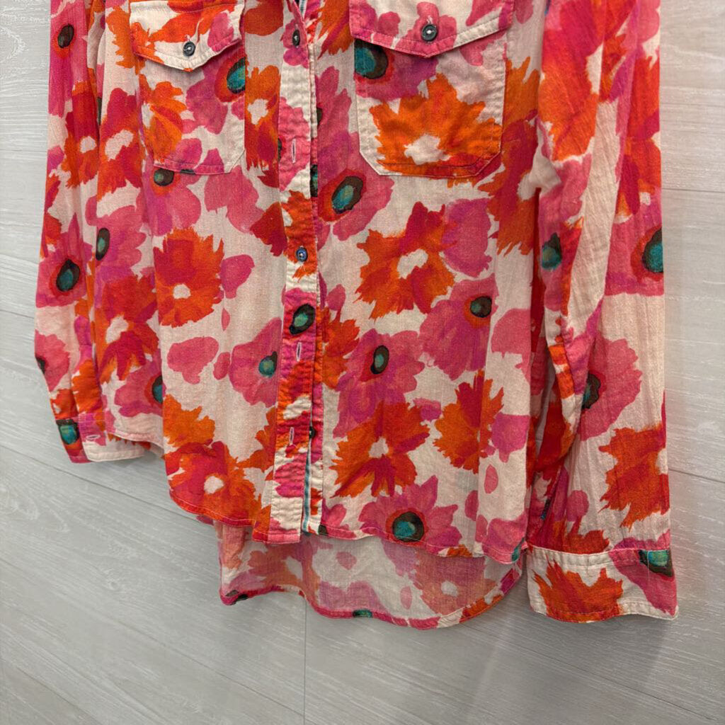 Sundance White/ Pink Print Long Sleeve Button Down Top Small Petite