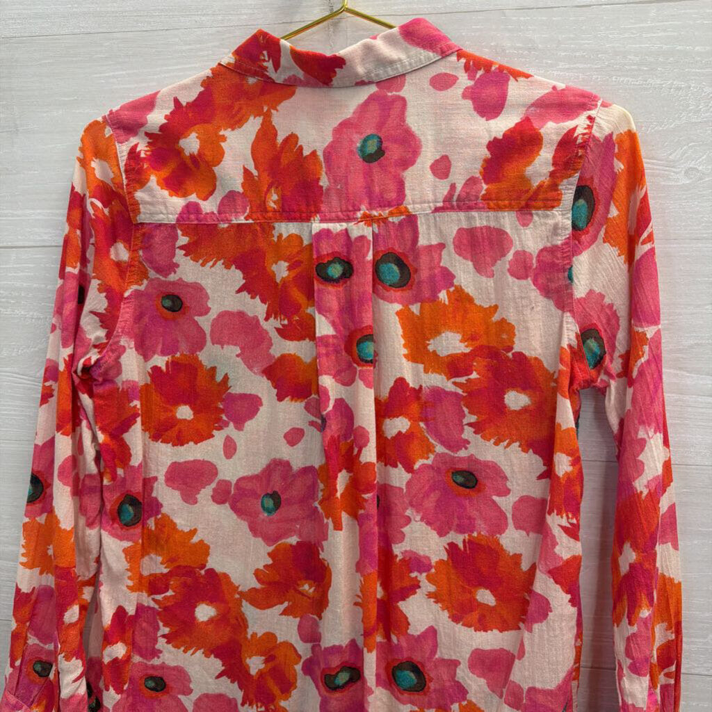 Sundance White/ Pink Print Long Sleeve Button Down Top Small Petite