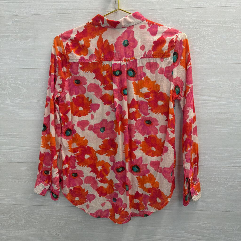 Sundance White/ Pink Print Long Sleeve Button Down Top Small Petite