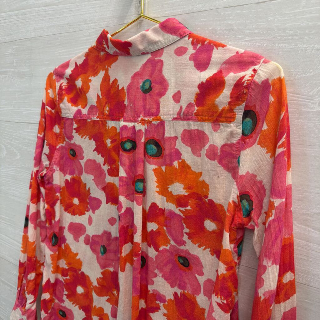 Sundance White/ Pink Print Long Sleeve Button Down Top Small Petite