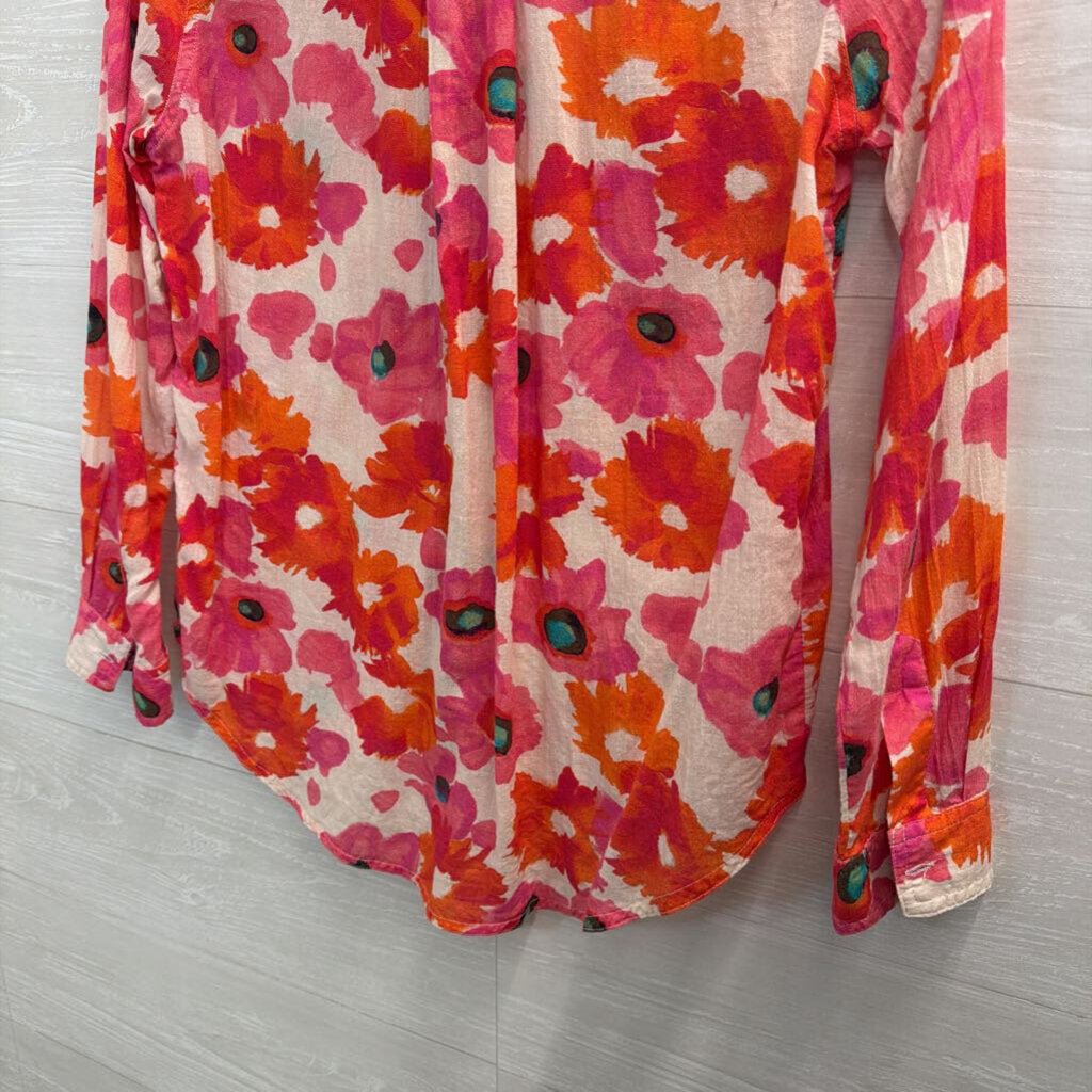 Sundance White/ Pink Print Long Sleeve Button Down Top Small Petite