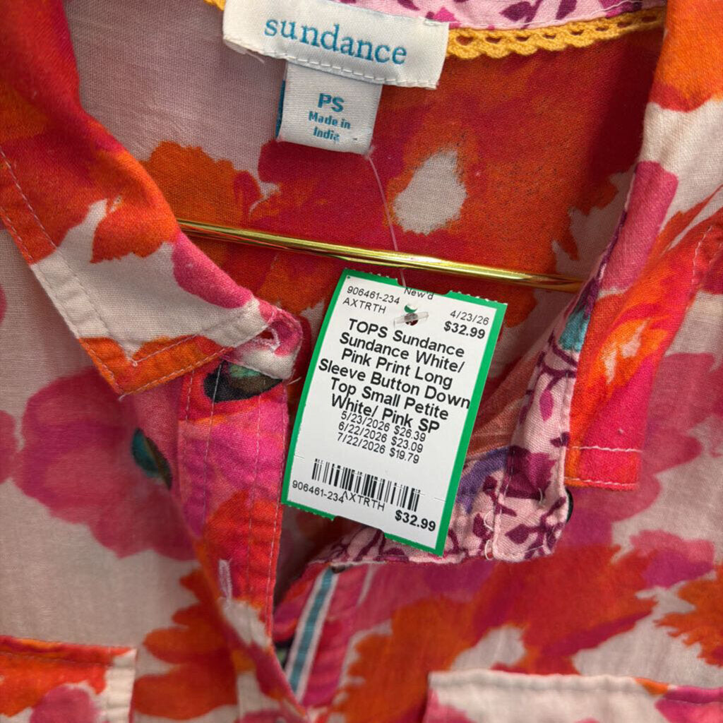 Sundance White/ Pink Print Long Sleeve Button Down Top Small Petite