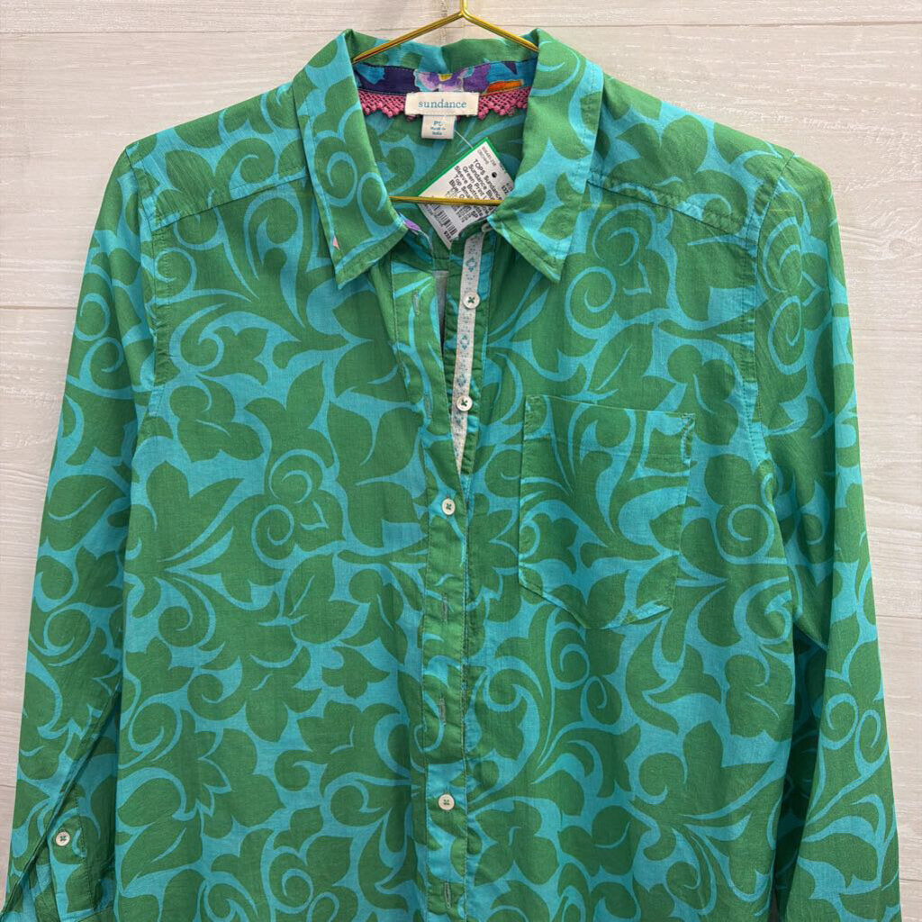 Sundance Blue/ Green Print Long Sleeve Button Down Top Small Petite