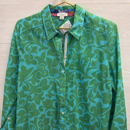 Sundance Blue/ Green Print Long Sleeve Button Down Top Small Petite