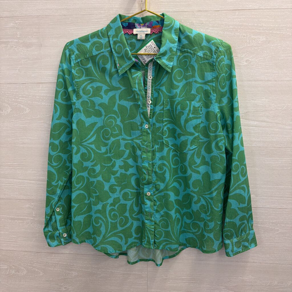 Sundance Blue/ Green Print Long Sleeve Button Down Top Small Petite