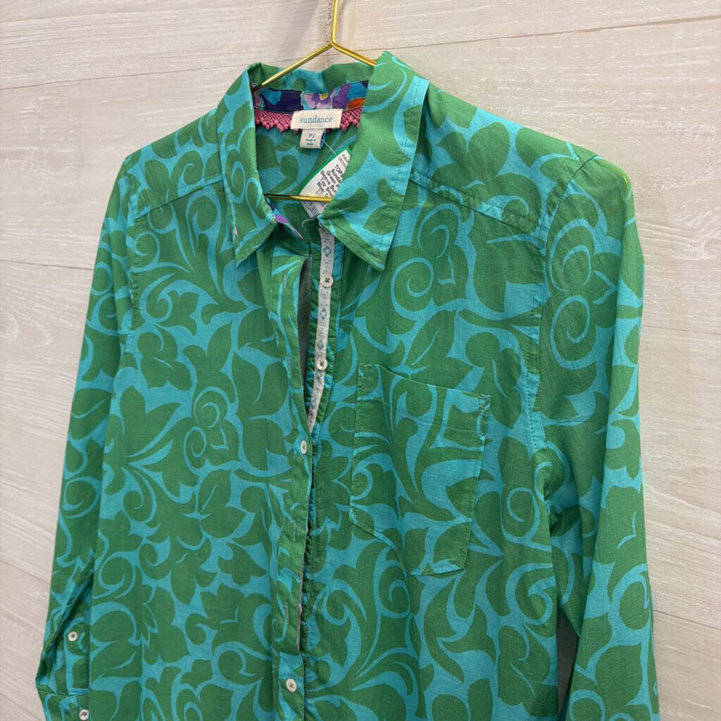 Sundance Blue/ Green Print Long Sleeve Button Down Top Small Petite