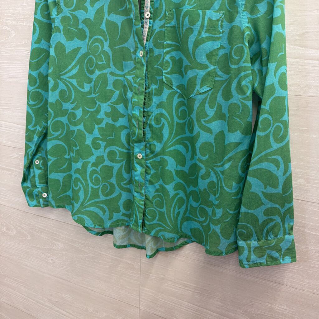 Sundance Blue/ Green Print Long Sleeve Button Down Top Small Petite