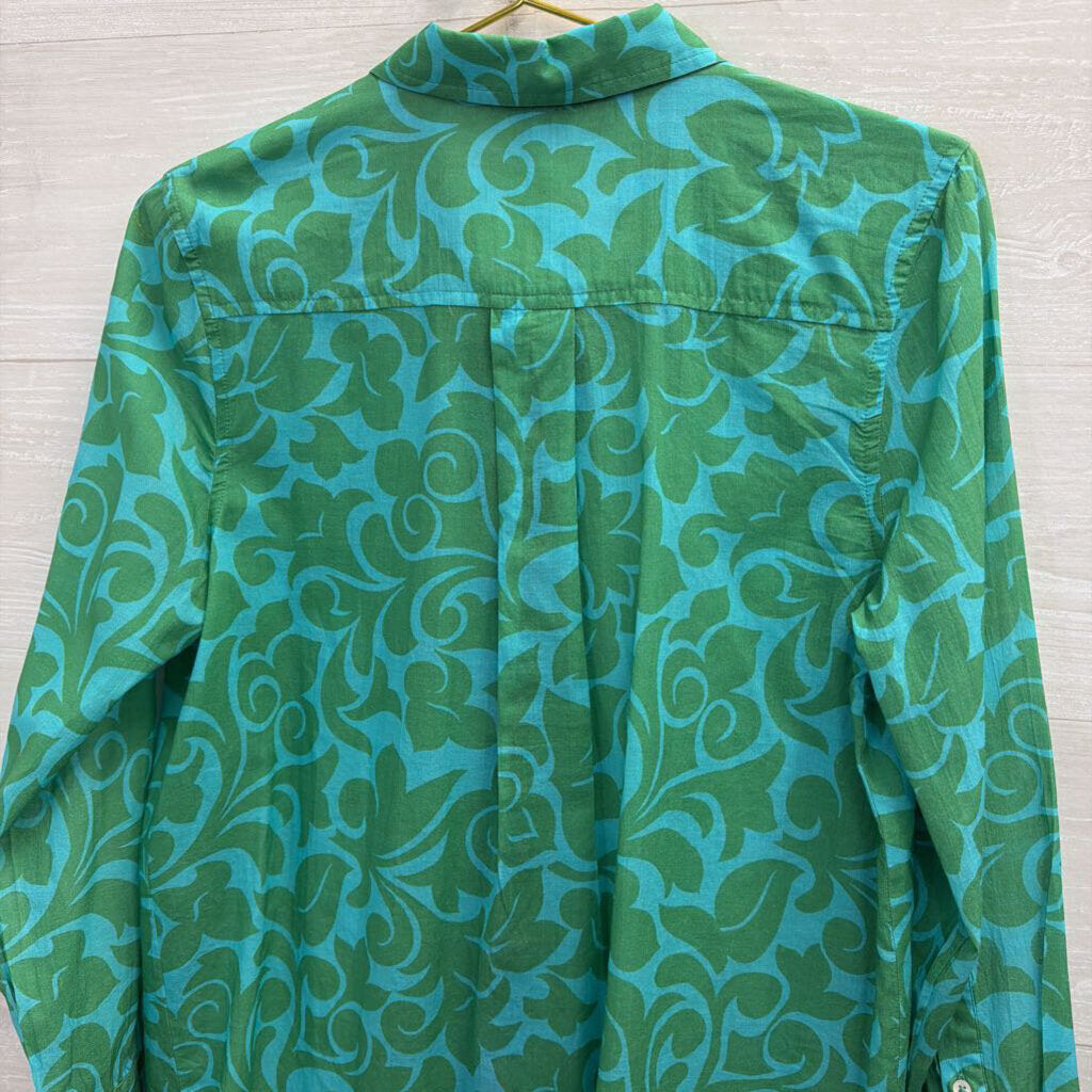 Sundance Blue/ Green Print Long Sleeve Button Down Top Small Petite