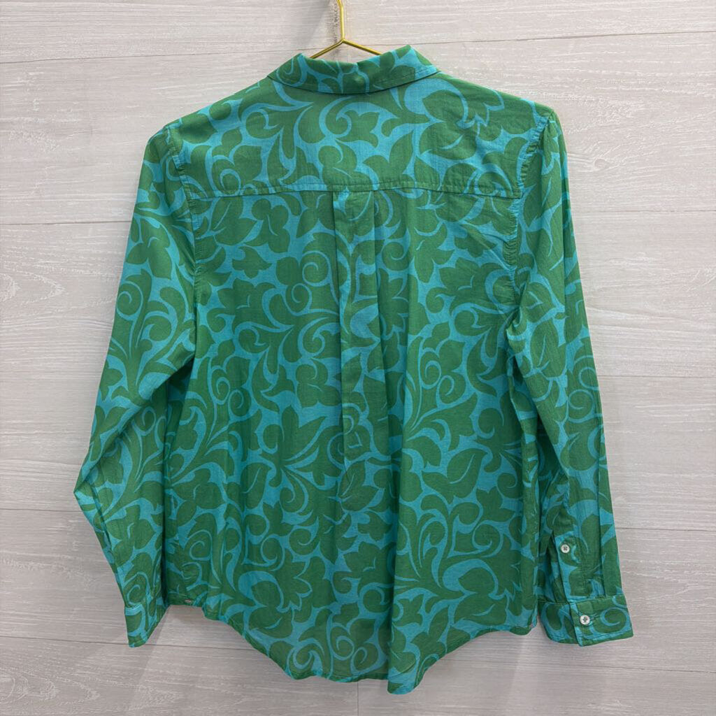 Sundance Blue/ Green Print Long Sleeve Button Down Top Small Petite