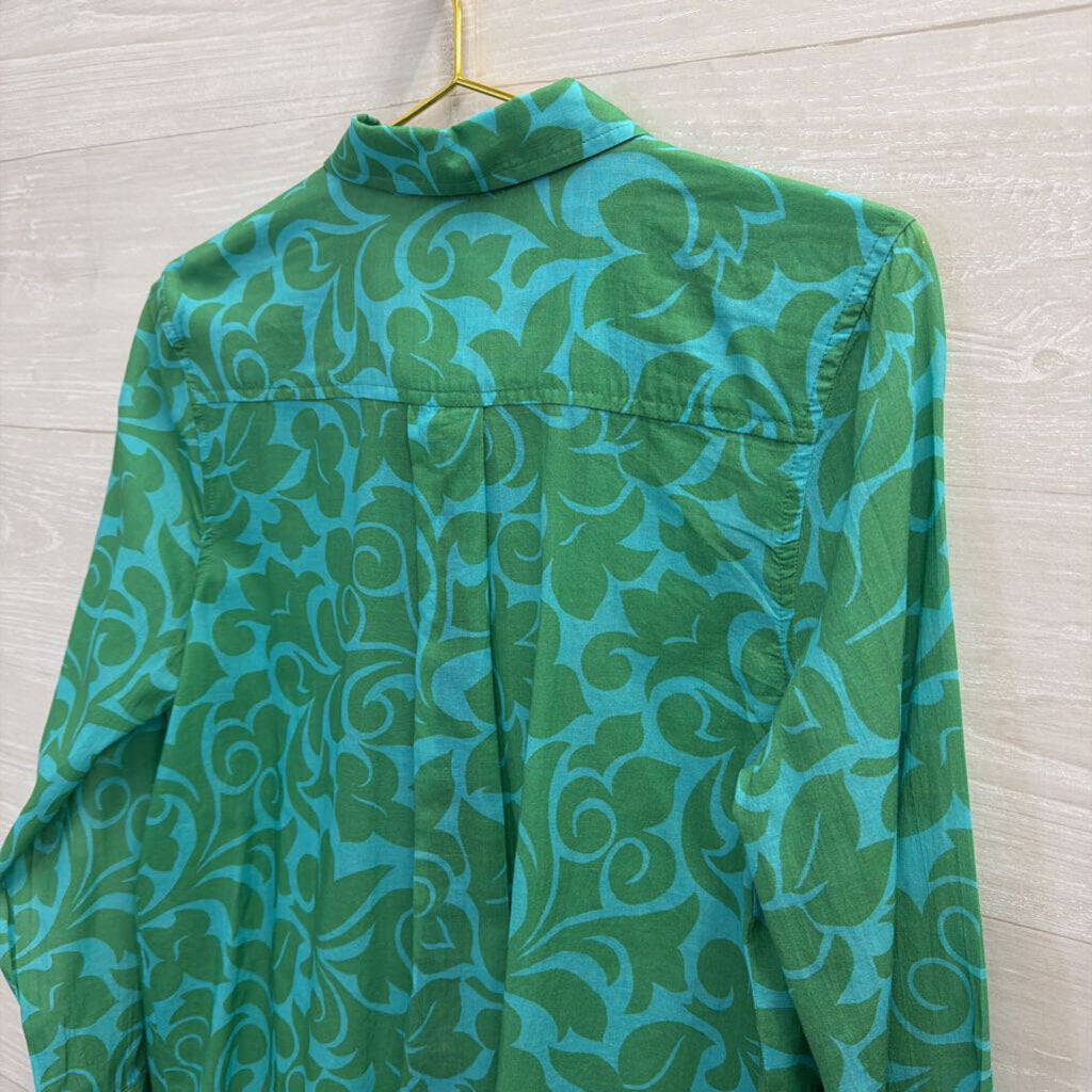 Sundance Blue/ Green Print Long Sleeve Button Down Top Small Petite