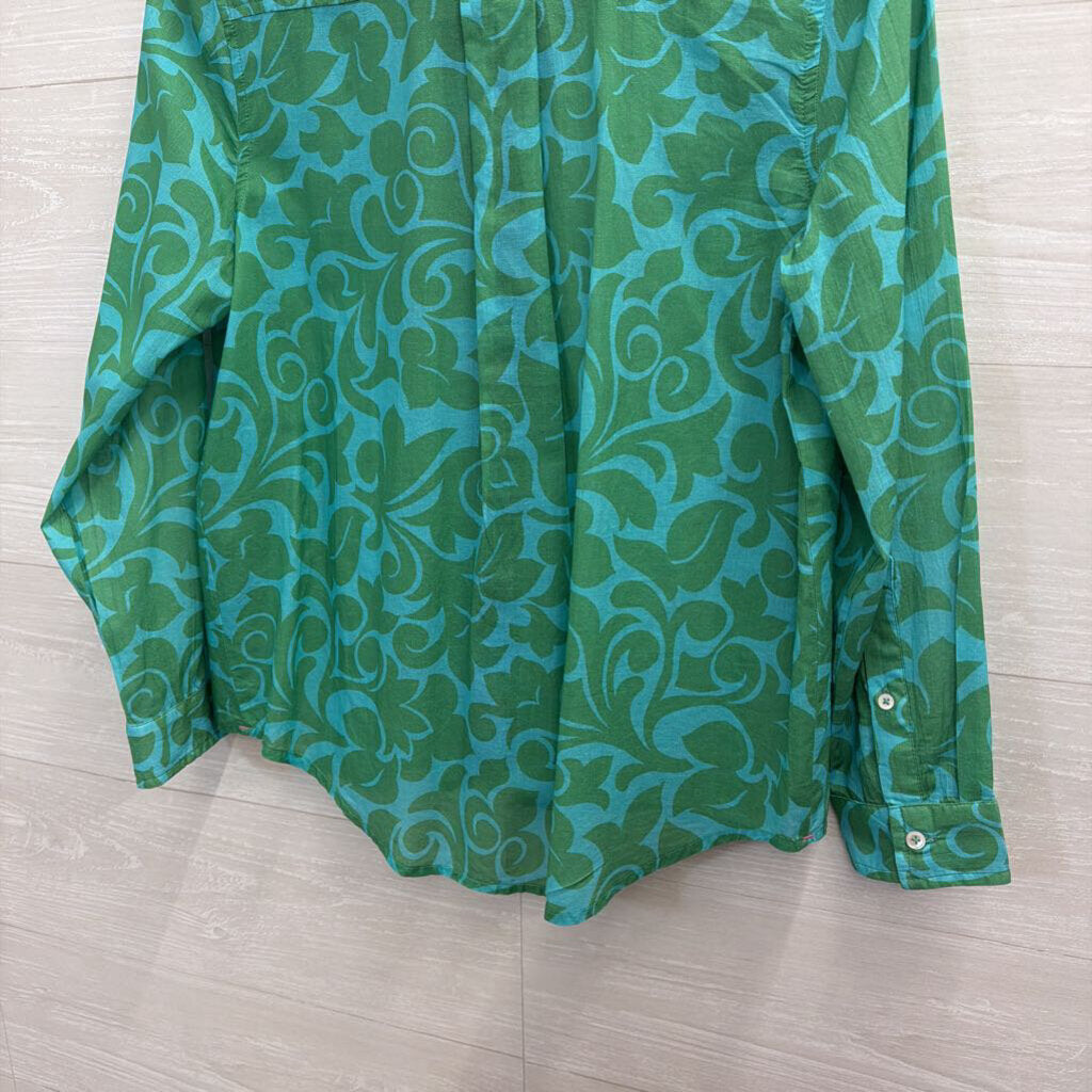 Sundance Blue/ Green Print Long Sleeve Button Down Top Small Petite