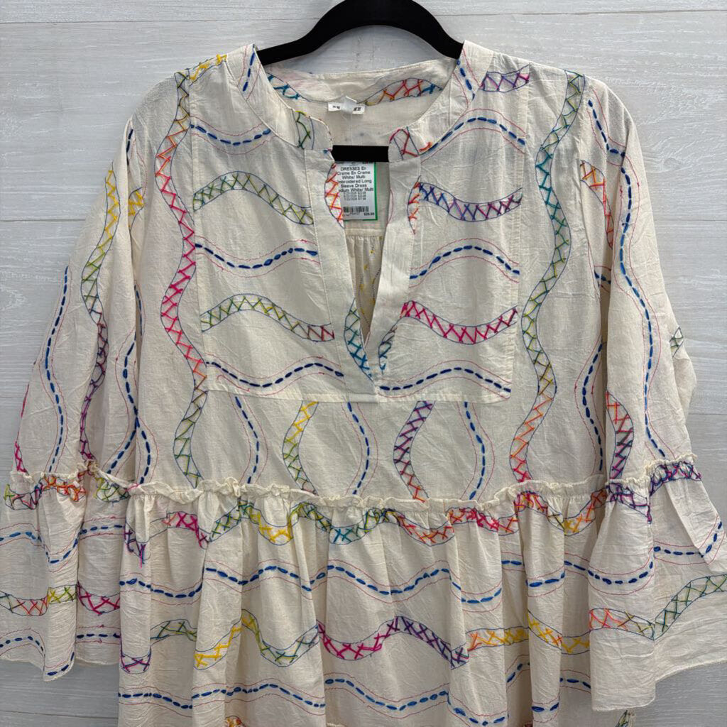 En Creme White/ Multi Embroidered Long Sleeve Dress Medium