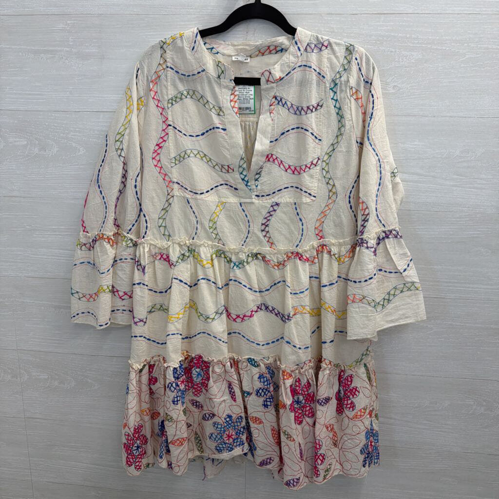 En Creme White/ Multi Embroidered Long Sleeve Dress Medium