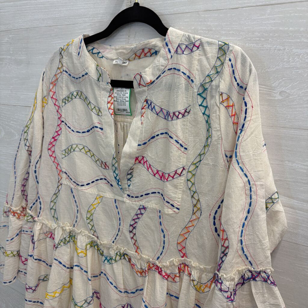 En Creme White/ Multi Embroidered Long Sleeve Dress Medium