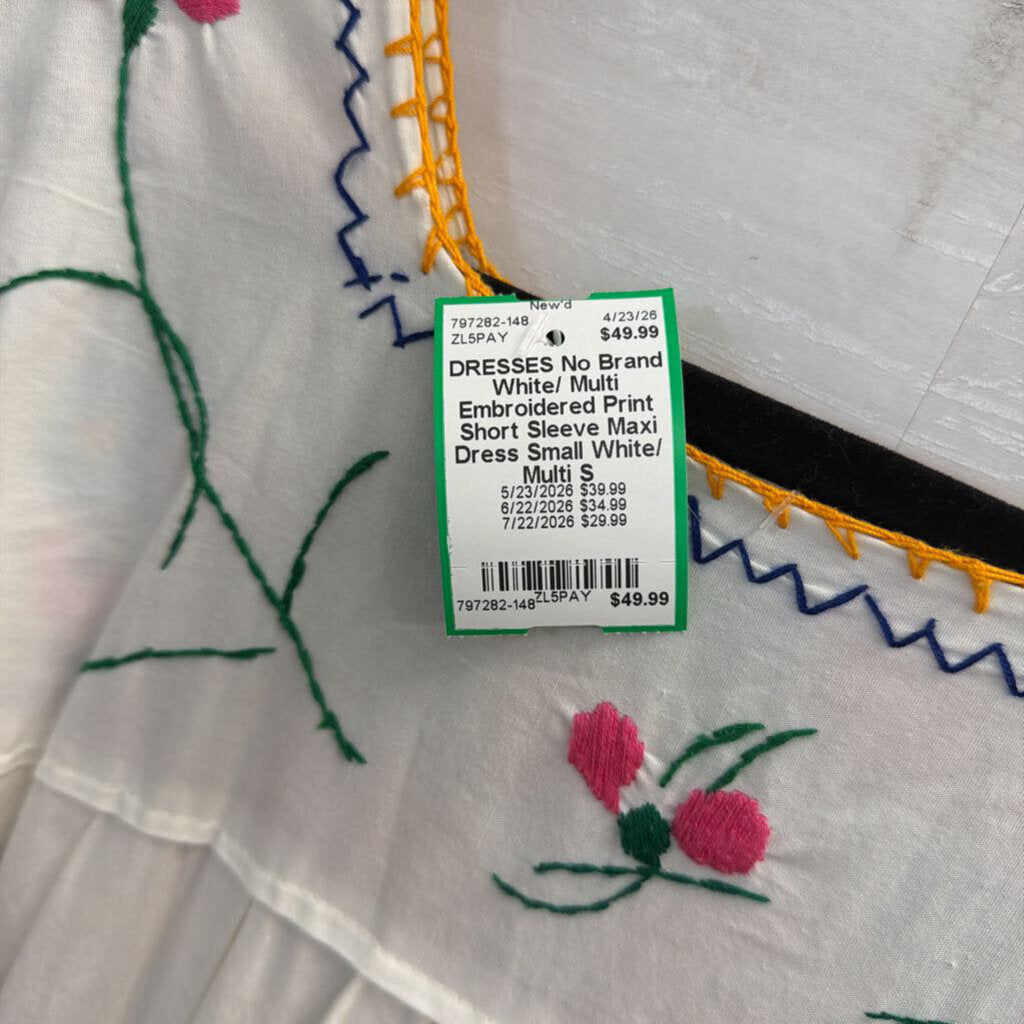 White/ Multi Embroidered Print Short Sleeve Maxi Dress Small