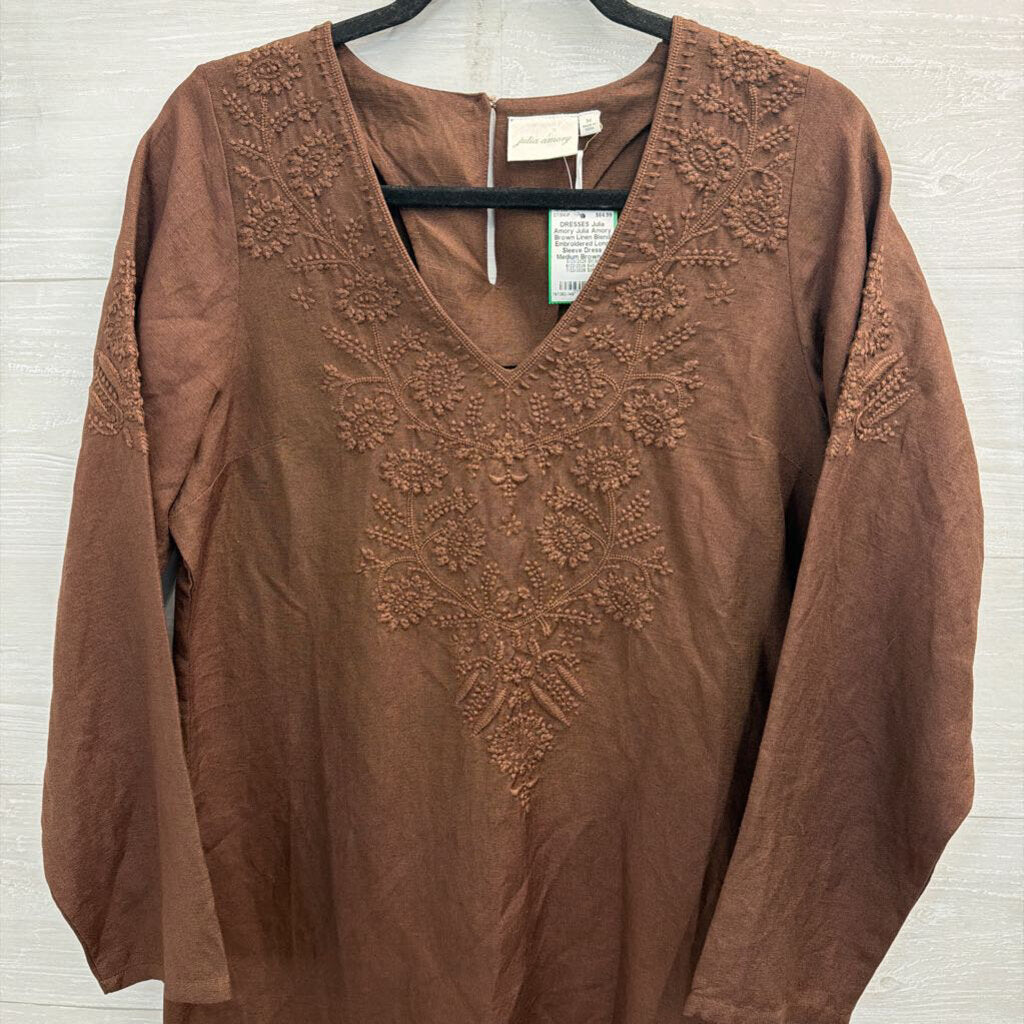 Julia Amory Brown Linen Blend Embroidered Long Sleeve Dress Medium