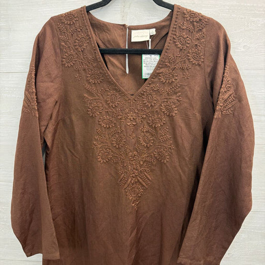 Julia Amory Brown Linen Blend Embroidered Long Sleeve Dress Medium