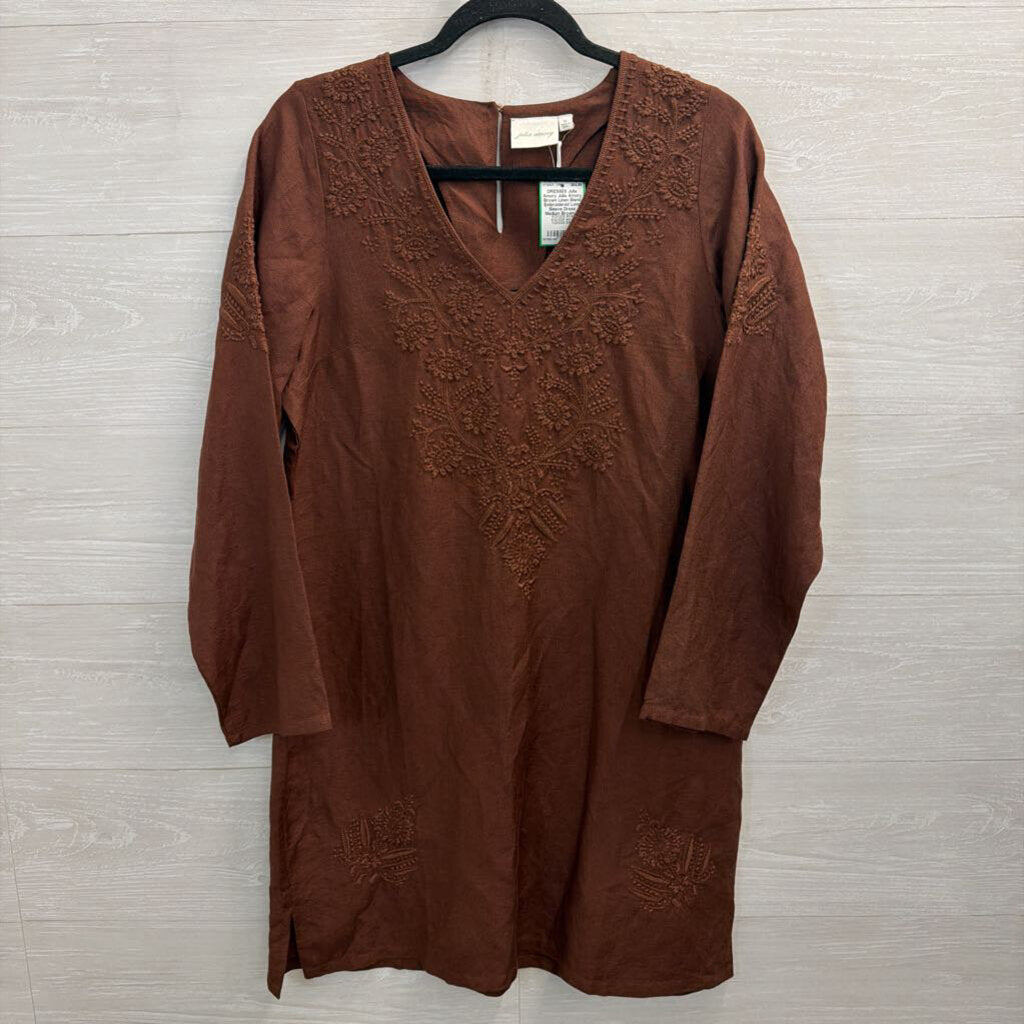 Julia Amory Brown Linen Blend Embroidered Long Sleeve Dress Medium