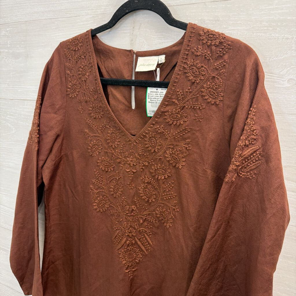 Julia Amory Brown Linen Blend Embroidered Long Sleeve Dress Medium
