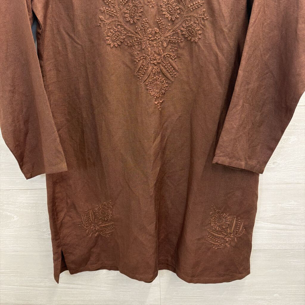 Julia Amory Brown Linen Blend Embroidered Long Sleeve Dress Medium