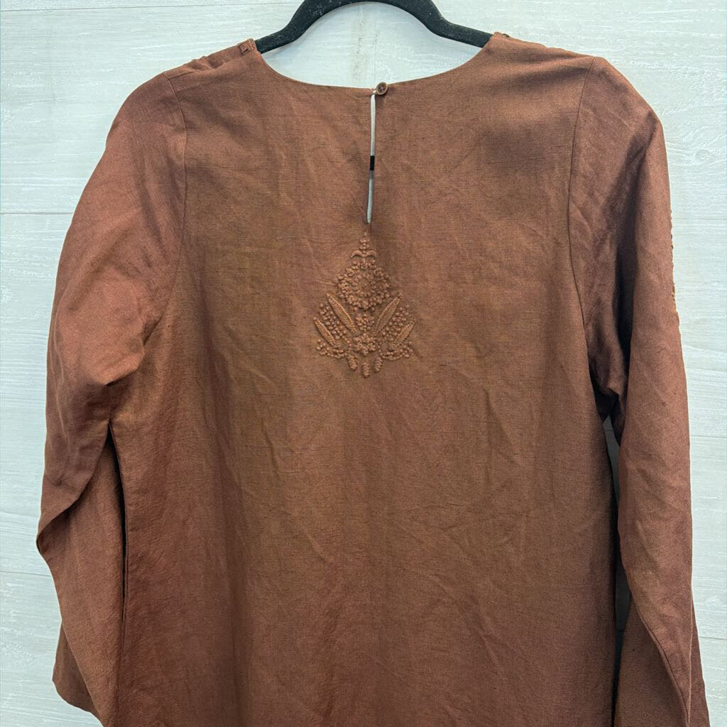 Julia Amory Brown Linen Blend Embroidered Long Sleeve Dress Medium