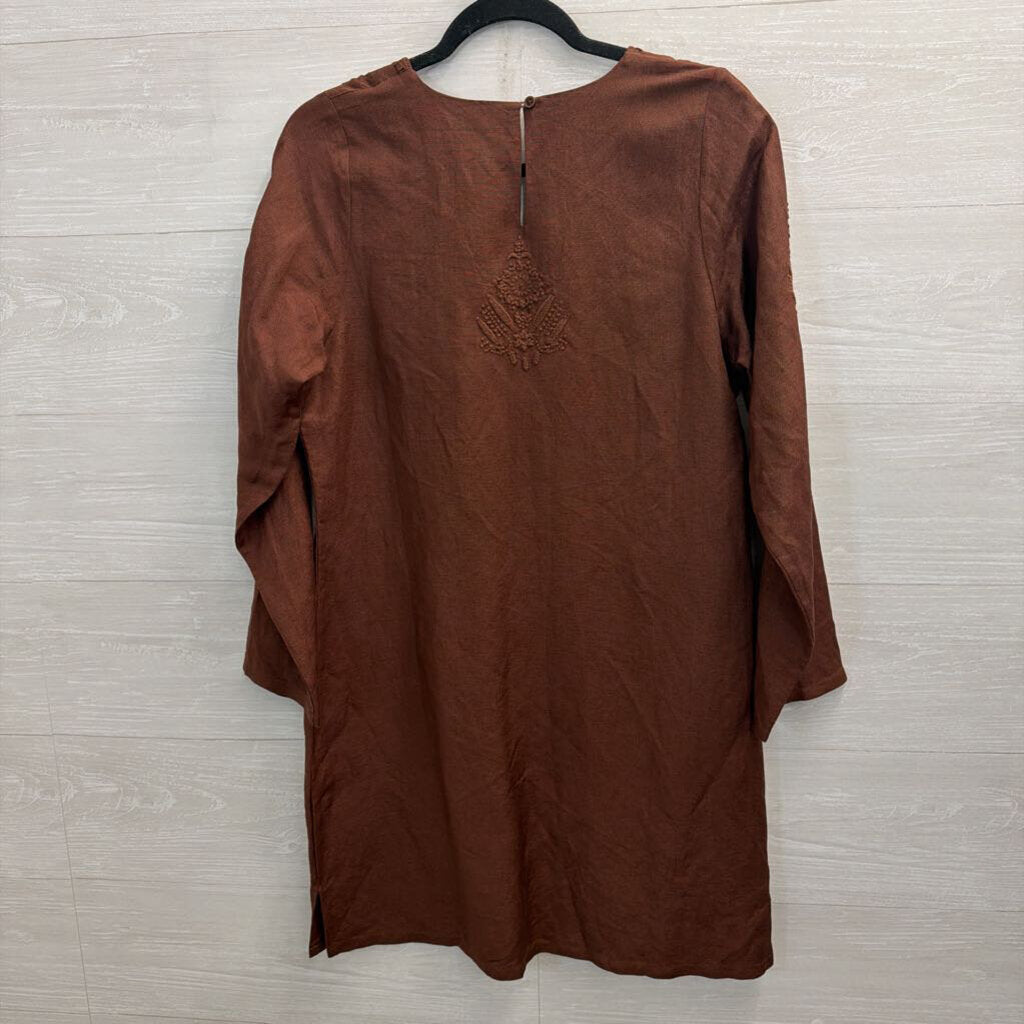 Julia Amory Brown Linen Blend Embroidered Long Sleeve Dress Medium