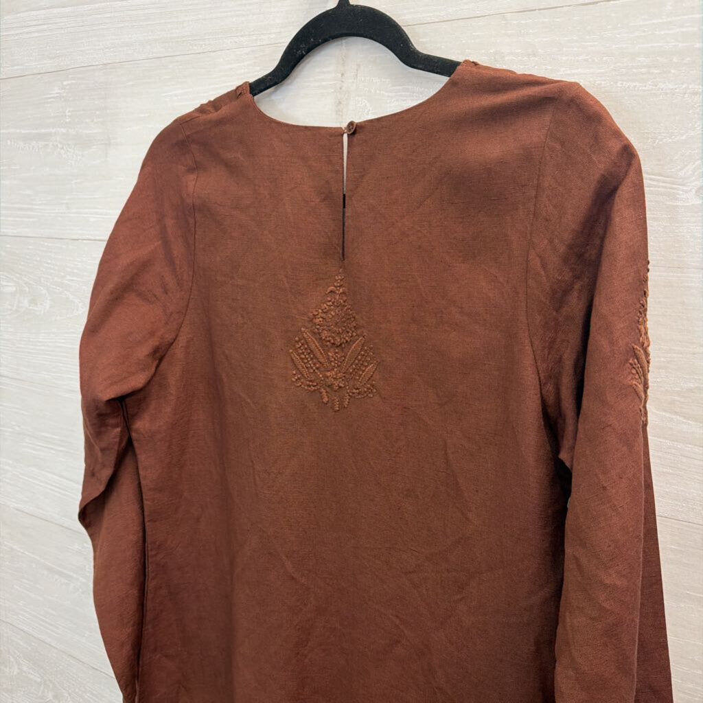 Julia Amory Brown Linen Blend Embroidered Long Sleeve Dress Medium