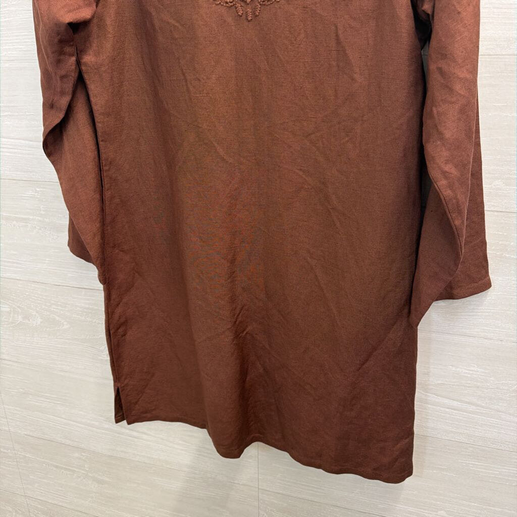 Julia Amory Brown Linen Blend Embroidered Long Sleeve Dress Medium