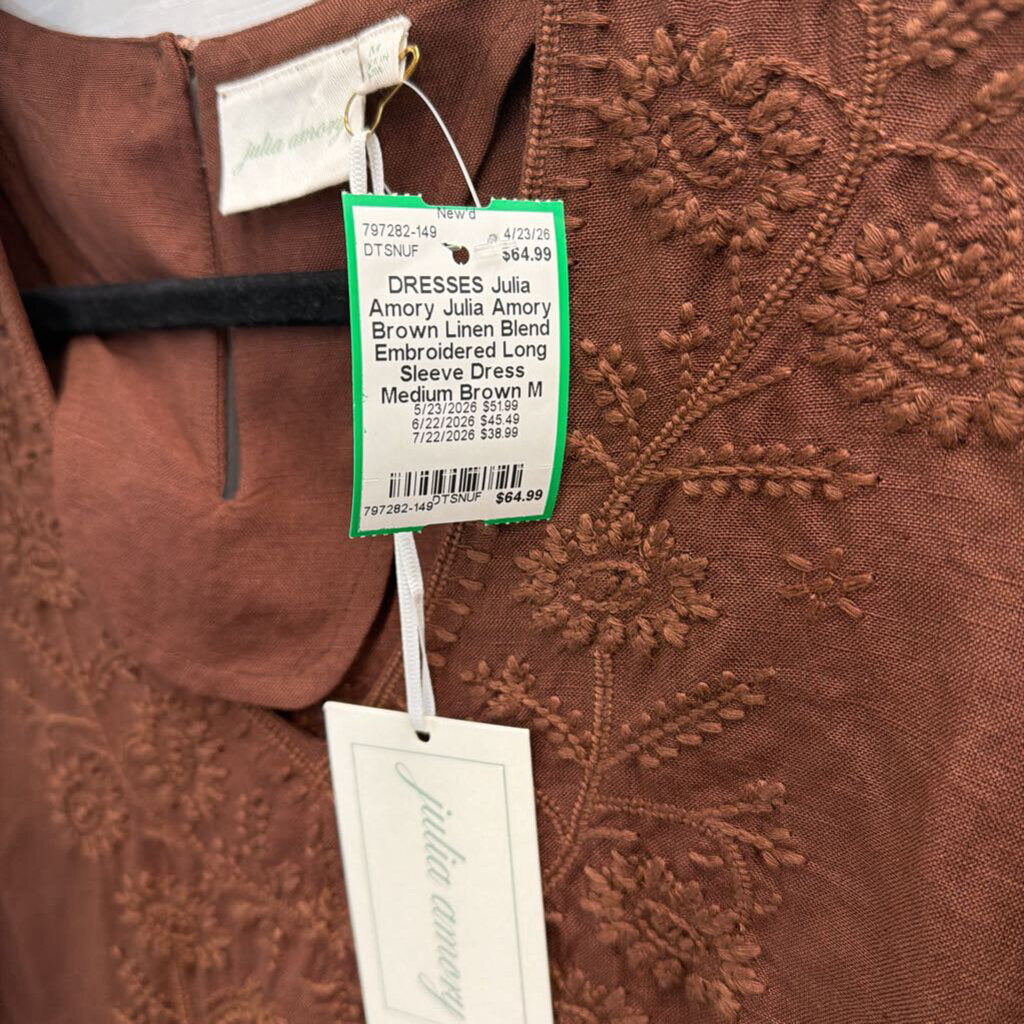 Julia Amory Brown Linen Blend Embroidered Long Sleeve Dress Medium
