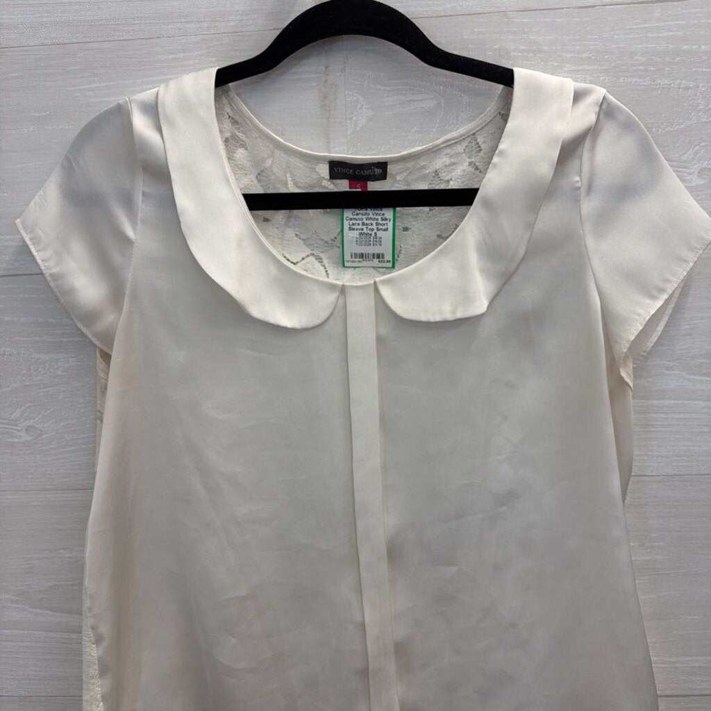 Vince Camuto White Silky Lace Back Short Sleeve Top Small