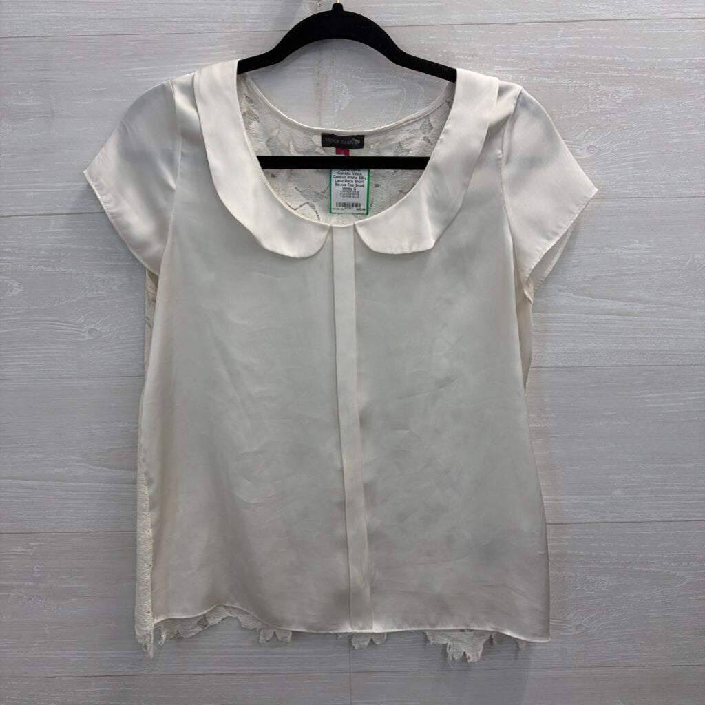 Vince Camuto White Silky Lace Back Short Sleeve Top Small