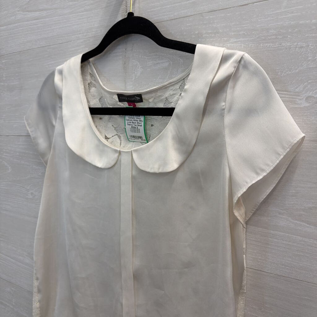 Vince Camuto White Silky Lace Back Short Sleeve Top Small