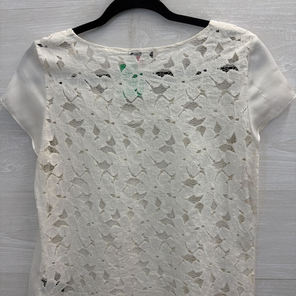 Vince Camuto White Silky Lace Back Short Sleeve Top Small