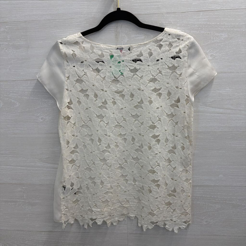 Vince Camuto White Silky Lace Back Short Sleeve Top Small