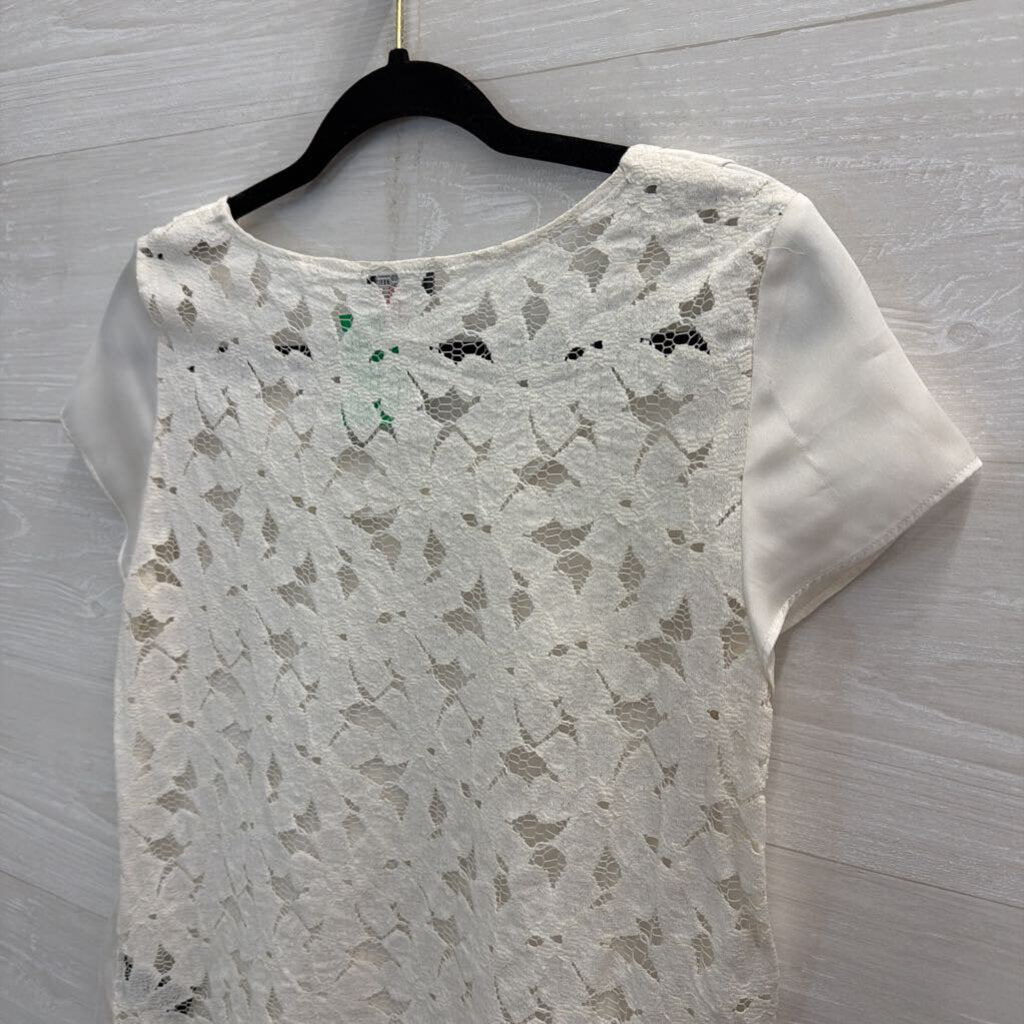 Vince Camuto White Silky Lace Back Short Sleeve Top Small
